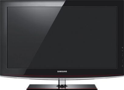 Flad sort Samsung LE26B460 TV, set forfra, slukket, på metalstativ