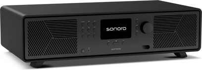 Sistem hi-fi Sonoro Avaton, carcasă neagră mată din plastic vizibil, ecran central, buton mare de volum, grătare diagonale
