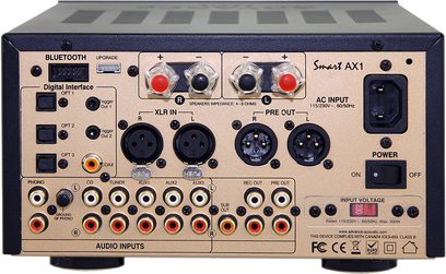 Stereo hi-fi forstærker Advance Paris AX1 sort, frontpanel, frontvisning. Stik, knapper, indikatorer, digitalt display