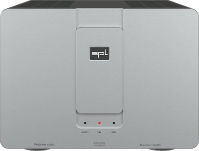 Amplificateur de puissance haute-fidélité SPL Performer M1000 argent avec façade rectangulaire, logo centré et trois voyants