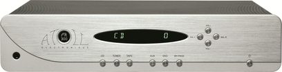 Przedwzmacniacz stereo Atoll Electronique PR300SE w kolorze srebrnym, widok z przodu, front ze szczotkowanego aluminium z wyświetlaczem, pokrętłami i gniazdami