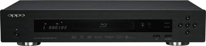 4K Blu-ray přehrávač OPPO BDP-103EU černý, pohled zepředu, modrý LED displej "1 000:00", čelní panel v černé barvě s tlačítky a konektory
