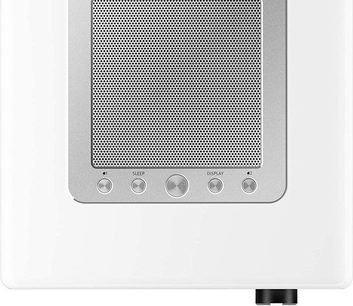 Hvid, højglans bordradio Sonoro Elite - sølv, frontpanel, sort højttalergitter, 5 runde sølvfarvede knapper forneden