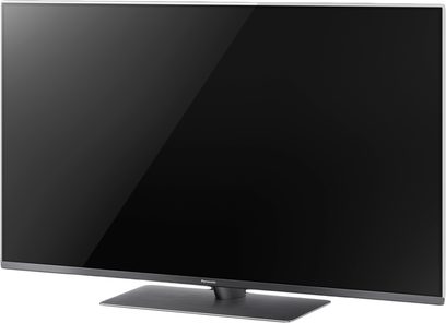 Panasonic TX-55FX780 TV slått av, svart flatskjerm, smal mørk grå ramme, på sentralt metallstativ