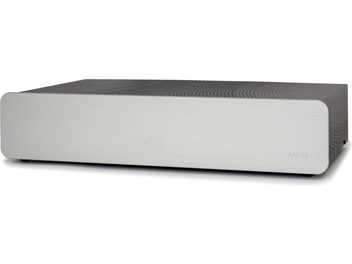 Hi-fi vermogensversterker Atoll AM100 Signature, geborsteld aluminium behuizing in zilver, minimalistische voorkant, rechthoekige vorm