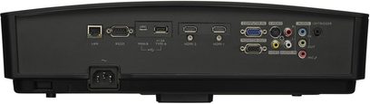 Videa projektor JVC LX-FH50, pohled zepředu, zadní konektory s porty HDMI, VGA, RS232, LAN, audio a video, ovládací panel