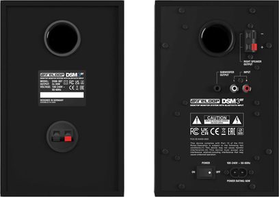 Paneles traseros de los monitores de estudio Reloop DSM-3 BT negros con bornes, entradas RCA y salida para subwoofer