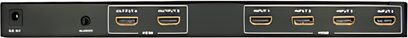 Sort HDMI 4-til-2 matrix-switch fra Lindy 38053 med 4 HDMI-indgange, 2 udgange og 2 USB-porte