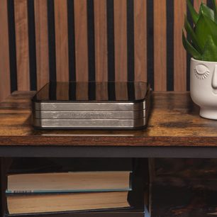 Integreret hi-fi stereo forstærker Electrocompaniet RENA SA-2, set forfra, rektangulært kabinet, glat overflade, træhylde, hvid potte, grøn plante, stablede bøger