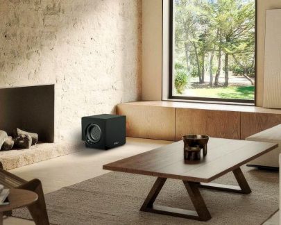 Woonkamer met houten salontafel, beige tapijt, zwarte subwoofer, stenen open haard, raam met uitzicht op bomen, natuurlijk licht