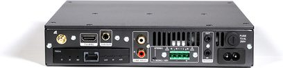 Amplificatore hi-fi integrato stereo Elipson Connect 2130 Xi, vista posteriore, chassis rettangolare nero, connettori vari, griglie di ventilazione