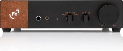 Předzesilovač sluchátkový hi-fi Ferrum Audio ERCO Gen 2, černí čelní panel s hnědým bočním panelem, sluchátkové výstupy a ovladač hlasitosti