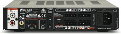 Russound D250LS effektforstærker, set forfra, sort front med knapper, stik og lysende indikatorer
