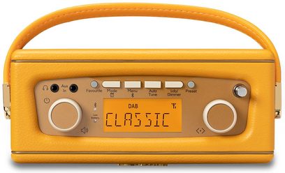 Radio da tavolo Roberts Revival Uno BT gialla, rivestimento in similpelle a grana, vista frontale con maniglia arcuata coordinata, pannello frontale dorato con display retroilluminato arancione, due ghiere circolari laterali, fila di pulsanti rettangolari e porte ausiliarie