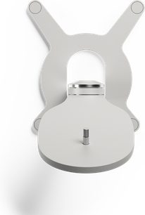 Støtte til DEVIALET Gecko Light Pearl-højttaler i metal, oval plade med gevindstang, Y-formet vægbeslag, forfra set