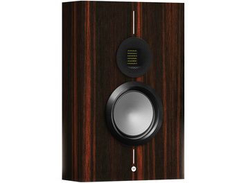 Głośnik ścienny Monitor Audio Gold On-Wall 6G macassar, widok z przodu, ciemne wykończenie drewniane, 2 okrągłe głośniki