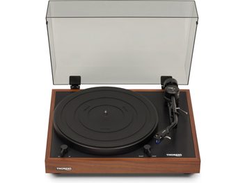 Thorens TD 403 DD OAK must vinüülplaadimängija ja puiduviimistlusega, läbipaistev tolmukate üles tõstetud, pealtvaade