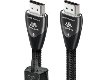 To HDMI-kabler Audioquest Dragon eARC Priority 48Gbps 72v DBS, med forsølvede stik, sort flettet kappe, set forfra