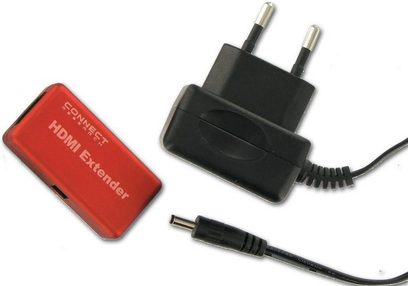 Extender HDMI Connect Research CBH002 černý, pohled zepředu, s kabelem HDMI a červeným síťovým adaptérem