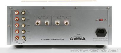 Ampli hi-fi stéréo Pier Audio MS-680SE, vue de face, façade grise avec boutons, prises et voyants, en métal