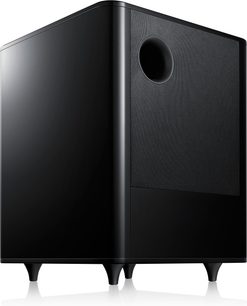 Samsung HW-F750 soundbar i sort, set forfra, rektangulær vertikal subwoofer med cirkulær centralhøjttaler
