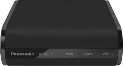 Panasonic SH-ALL1EG-K sort netværksaudioafspiller, frontpanel, hvide baggrundsbelyste trykknapper, logo
