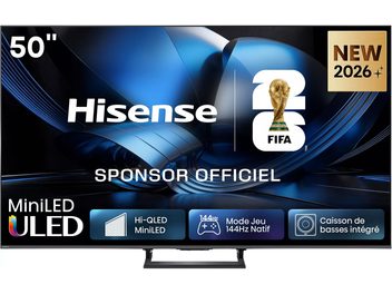 Televisor Hisense de 50 pulgadas de pantalla plana negro, visual MiniLED ULED con logo FIFA 2026