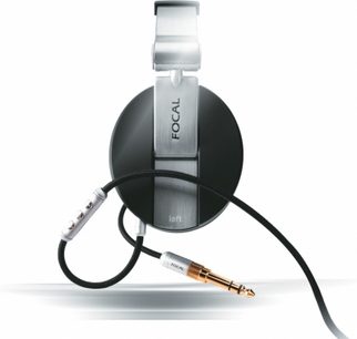 Focal Spirit ONE sort omkringørende hovedtelefoner, sort hovedbøjle og ørekåber, sølvfarvede transducere, flettet kabel med forgyldt vinkelstik