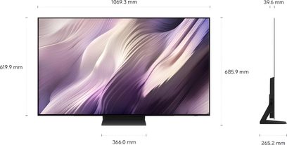 Samsung TQ48S95H fladskærms-tv i sort, set forfra og i profil, tynde kanter med central fod￼