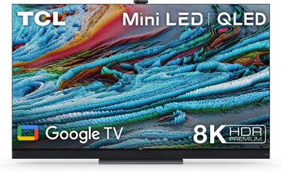 TCL Mini LED QLED 8K HDR Premium 75X925 TV set forfra, skærmen viser farvede bølger og Google TV-logo
