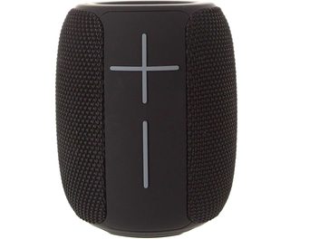Enceinte bluetooth Yourban Getone 25 noir, vue de face, forme cylindrique, surface texturée, boutons plus et moins verticaux