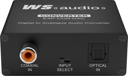 Wyrestorm EXP-CON-DAC digital til analog audio konverter set forfra, koaksial og optisk indgang, indgangsvælger