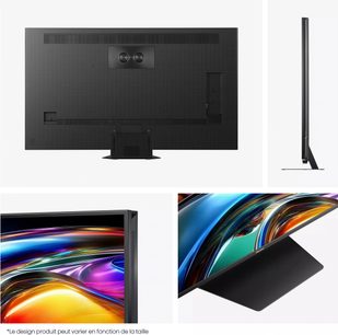 Televisore Hisense 65UR9S nero, viste posteriore, laterale e dettaglio dello schermo sottile su ampio piedistallo centrale