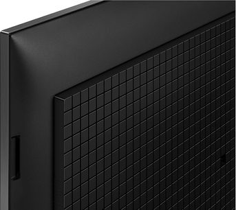 Primo piano, vista posteriore angolata del televisore ad alta definizione Sony BRAVIA 5 K85XR5, scocca in plastica nera opaca con pannello a griglia in rilievo