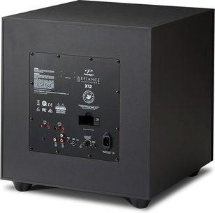 Paradigm Defiance X12 sort satineret subwoofer, set forfra, med kontrolpanel og tilslutninger på bagsiden