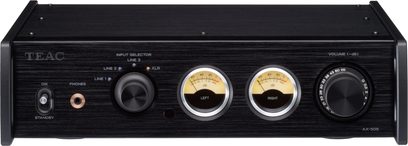 TEAC AX-505 sort hi-fi stereforstærker, set forfra, med knapper, drejeknapper og stik på forsiden, to baggrundsbelyste vu-metre