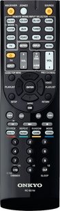 Sort Onkyo RC-801M fjernbetjening med grå og gule knapper, set forfra