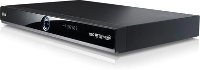 LG RHT499H sort Blu-ray-optager, frontvisning, blå LED-display "HDD 320 G FULL HD" på frontpanelet