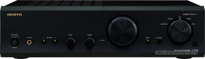 Forsiden af en sort Onkyo A-9155 stereo hi-fi forstærker med drejekontakter og trykknapper, hovedtelefonstik
