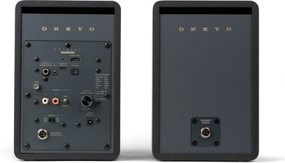 Bærbar Onkyo GX-30ARC bluetooth-højttaler sort, bagside, 2 enheder, flere tilslutninger, knapper, gyldne inskriptioner