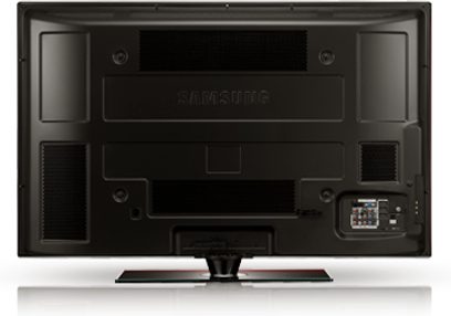 Samsung PS50A756 sort fladskærms-TV, bagside, HDMI-stik og andre porte, integreret fod