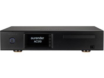 Aurender ACS10 siyah yüksek kaliteli CD oynatıcı, ortada ekran ve sağda disk tepsisiyle önden görünüm