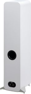 Q Acoustics 3050c white floorstanding speaker, matte painted wooden cabinet, rear three-quarter view, black circular bass-reflex port, double binding posts at the bottom, and triangular metal base with spikes