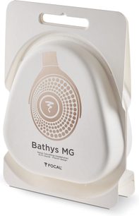 Draadloze hifi-hoofdtelefoon Focal Bathys MG in een witte verpakking met een cirkelvormige illustratie en zwarte tekst in het midden