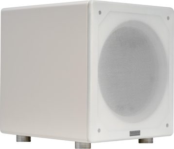 Velodyne VI-Q 10 witte subwoofer, driekwartaanzicht met front met wit rooster en gemetalliseerde voetjes