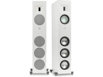 Boxă de podea MartinLogan Motion XT F100 alb mat cu fațadă dreptunghiulară, 4 difuzoare circulare și 1 tweeter dreptunghiular