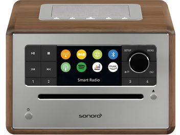 Radio numérique Sonoro Smart Radio, face avant, écran tactile couleur, boutons, finition bois noyer et métal argenté