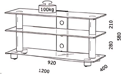 Glasmøbel til TV med 3 hylder, 2 lukkede rum, mål 1200 x 580 x 400 mm, maksimal vægt 100 kg