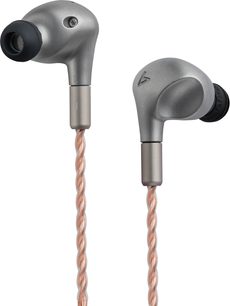 Satenasto sivi ušesni čepki Astell&Kern LUNA z črnimi nastavki in bakreno zvitim kablom, pogled od blizu