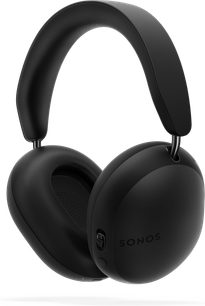 Beztraukušais Sonos Ace audīzeņa melns, trīsdaļu skats, izmantotais uznirstējums, ovālās izklides, kontroles poga redzama